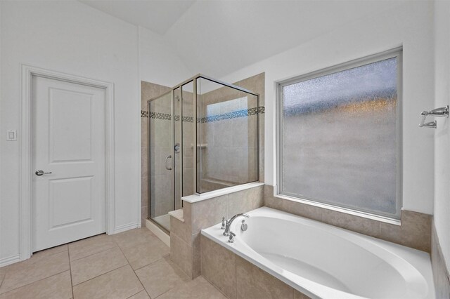 bathroom with plus walk in shower and tile patterned floors