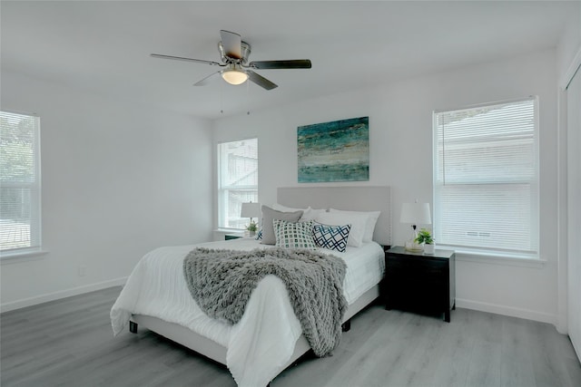 bedroom featuring ceiling fan and light hardwood / wood-style flooring