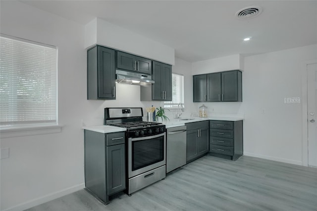 kitchen with sink, gray cabinetry, stainless steel appliances, and light hardwood / wood-style flooring