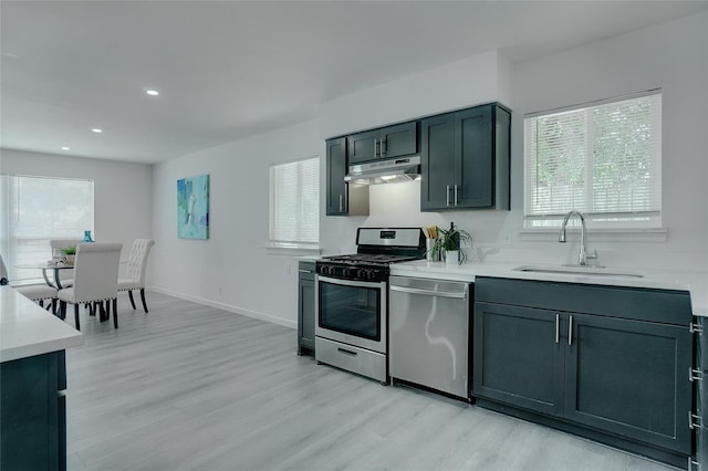 kitchen featuring light wood-type flooring, appliances with stainless steel finishes, and sink