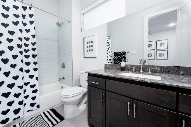 full bathroom featuring toilet, vanity, shower / bathtub combination with curtain, and tile patterned flooring