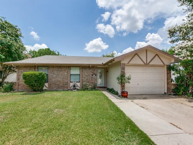 single story home featuring a front lawn and a garage