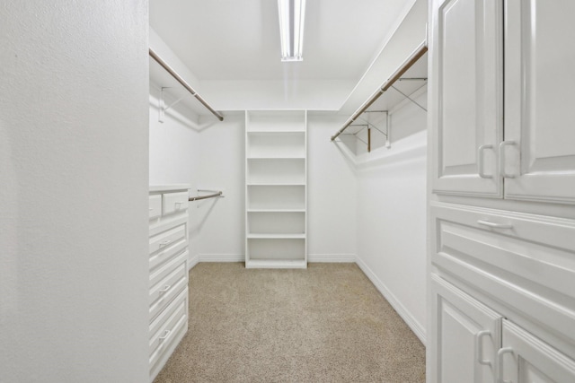 walk in closet with light carpet