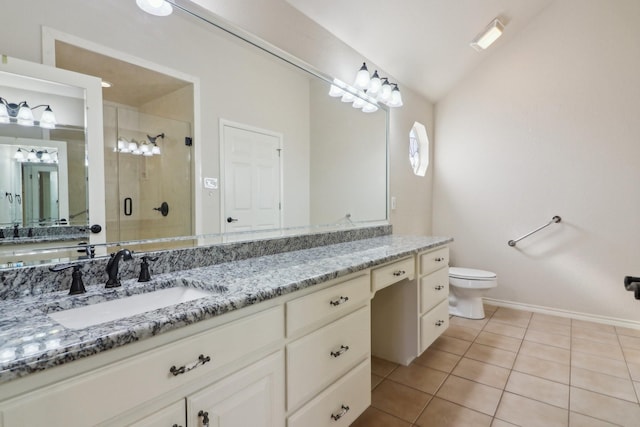 bathroom with toilet, tile patterned flooring, lofted ceiling, walk in shower, and vanity