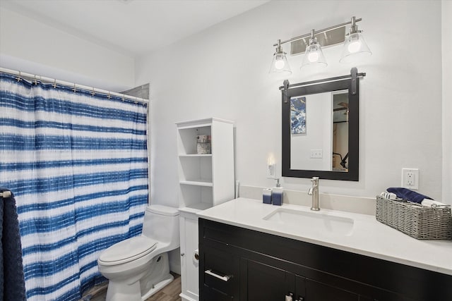 bathroom with toilet, vanity, and a shower with curtain