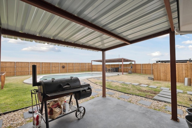 view of patio with a fenced in pool and grilling area