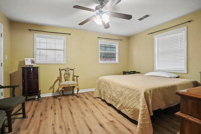 bedroom with ceiling fan and light hardwood / wood-style floors