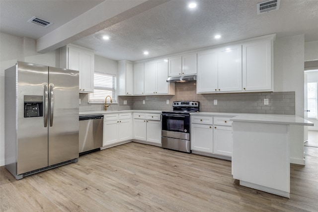 kitchen with kitchen peninsula, stainless steel appliances, white cabinets, light hardwood / wood-style flooring, and beamed ceiling