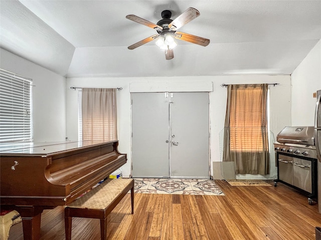 foyer featuring vaulted ceiling, ceiling fan, and light hardwood / wood-style flooring