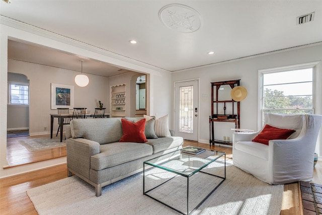 living room with light wood-type flooring, a healthy amount of sunlight, and built in shelves