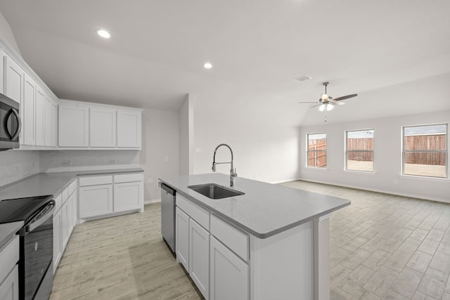 3656 N Crowley Cleburne Rd, Fort Worth, TX 76036 - kitchen with sink, appliances with stainless steel finishes, a kitchen island with sink, a wealth of natural light, and white cabinets