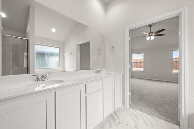 3656 N Crowley Cleburne Rd, Fort Worth, TX 76036 - bathroom with walk in shower, ceiling fan, vanity, and vaulted ceiling