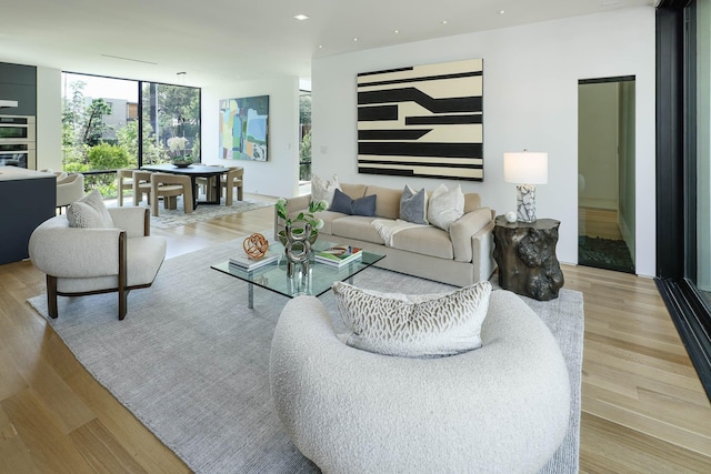 living room with light hardwood / wood-style floors and a wall of windows