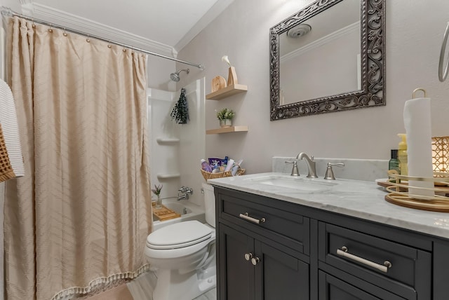 full bathroom featuring toilet, ornamental molding, shower / tub combo, and vanity