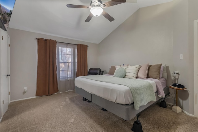 bedroom featuring ceiling fan, lofted ceiling, and carpet flooring