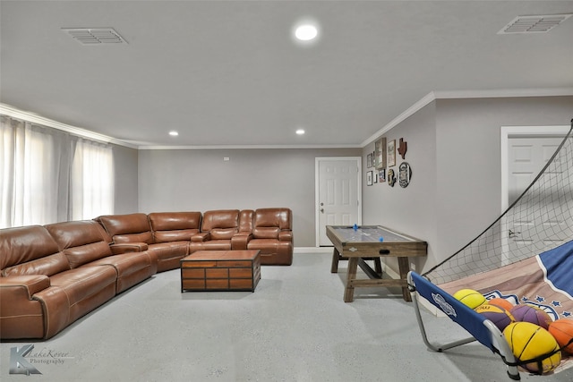 living room featuring crown molding