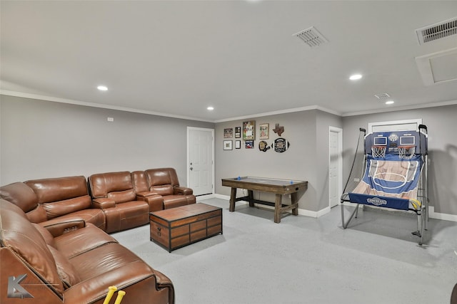 living room with ornamental molding