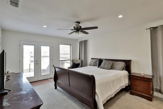 carpeted bedroom with ceiling fan, access to exterior, and french doors