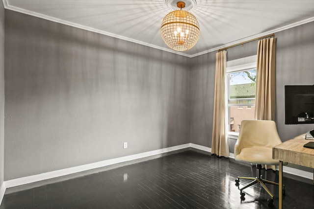 office featuring dark wood-type flooring, ornamental molding, and a chandelier