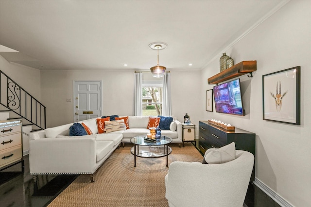 living room featuring ornamental molding