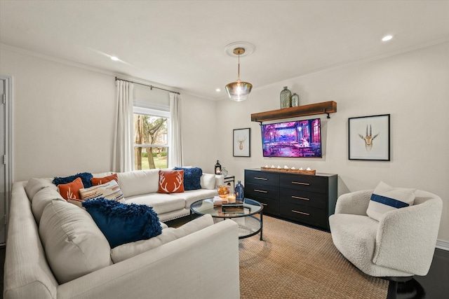 living room with crown molding