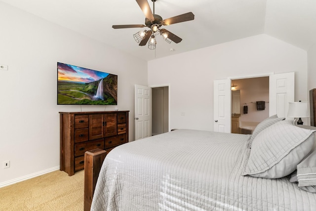 bedroom with ceiling fan, lofted ceiling, and light colored carpet