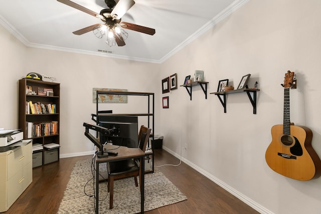 office area featuring ceiling fan, dark wood-type flooring, and ornamental molding