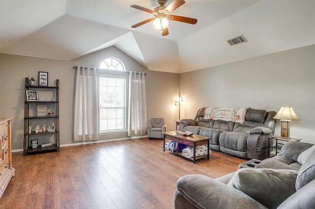 1721 Vista Ridge Dr W, Midlothian, TX 76065 - living area featuring ceiling fan, lofted ceiling, dark wood finished floors, and baseboards