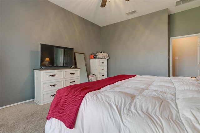 bedroom with light carpet and ceiling fan