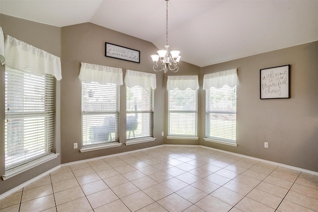 1721 Vista Ridge Dr W, Midlothian, TX 76065 - unfurnished room with lofted ceiling, a chandelier, light tile patterned flooring, and baseboards