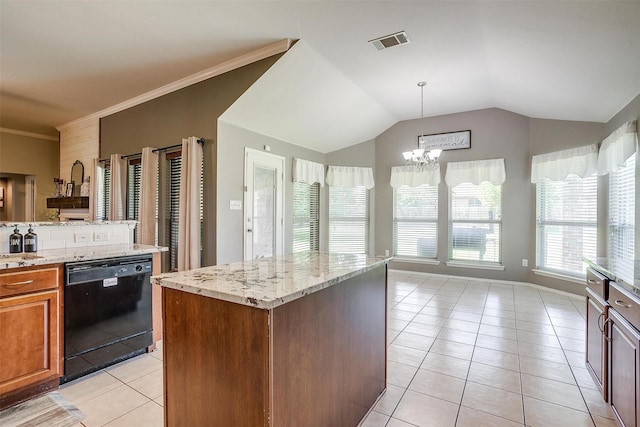 1721 Vista Ridge Dr W, Midlothian, TX 76065 - kitchen with dishwasher, light tile patterned floors, a chandelier, light stone counters, and lofted ceiling