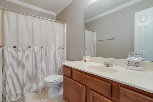 bathroom featuring tile patterned flooring, vanity, ornamental molding, and toilet