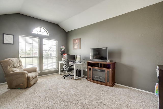 1721 Vista Ridge Dr W, Midlothian, TX 76065 - office space featuring vaulted ceiling, carpet floors, and baseboards