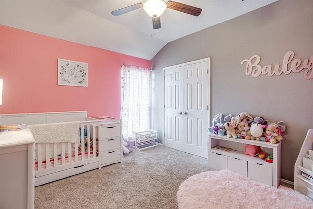 1721 Vista Ridge Dr W, Midlothian, TX 76065 - bedroom with carpet flooring, lofted ceiling, a closet, ceiling fan, and a nursery area