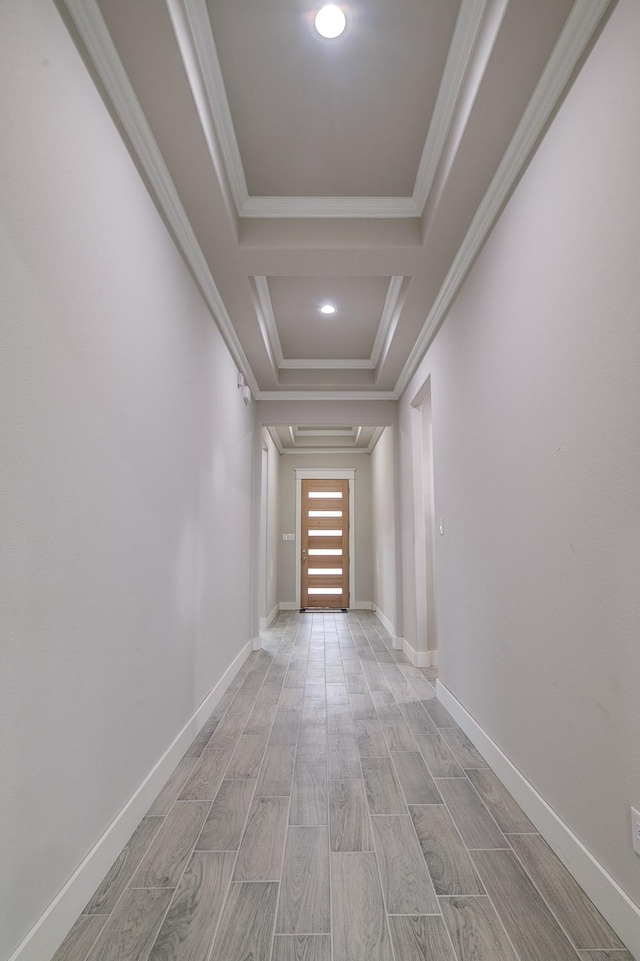 hall featuring ornamental molding and light hardwood / wood-style flooring