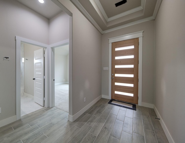 entryway with crown molding and a raised ceiling