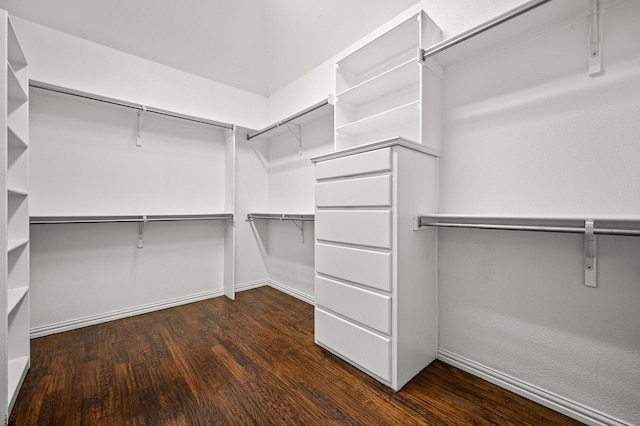 walk in closet with dark hardwood / wood-style floors