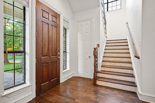 foyer entrance featuring a healthy amount of sunlight, vaulted ceiling, and dark wood-type flooring