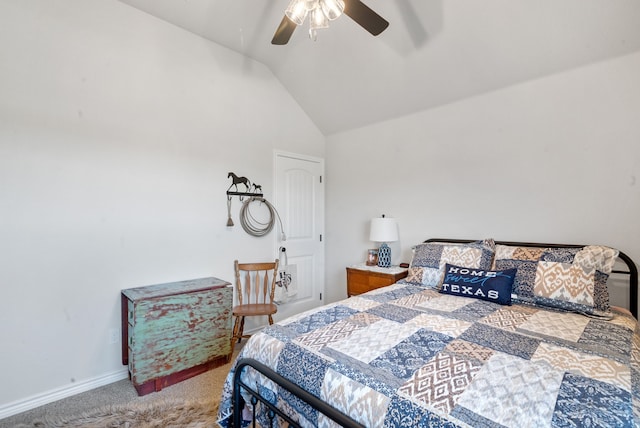 bedroom with ceiling fan, carpet, and lofted ceiling