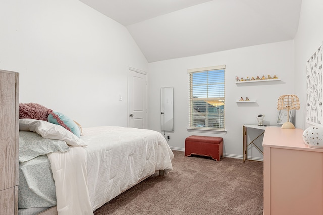 bedroom featuring carpet flooring and lofted ceiling