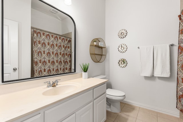 bathroom with toilet, tile patterned flooring, and vanity