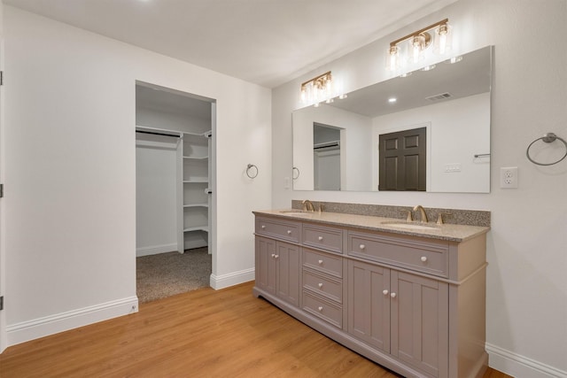 bathroom with hardwood / wood-style flooring and vanity