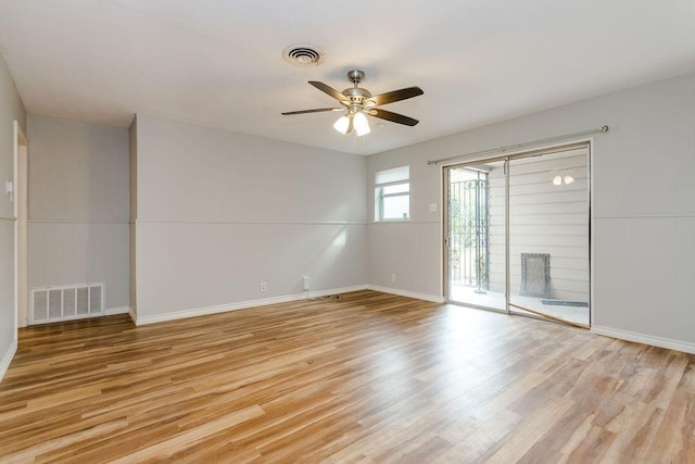 unfurnished room with ceiling fan and light hardwood / wood-style flooring