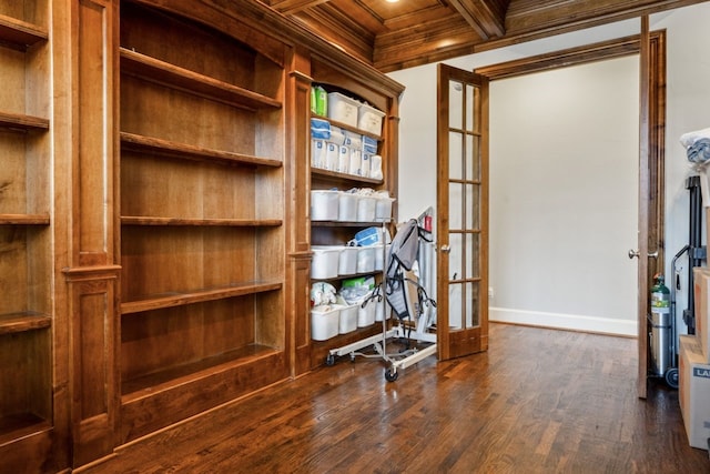 home office featuring beam ceiling, french doors, dark wood-type flooring, and coffered ceiling