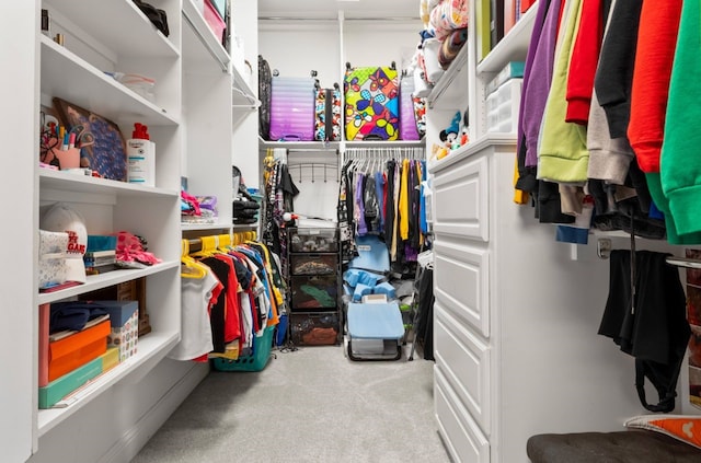 walk in closet featuring light carpet