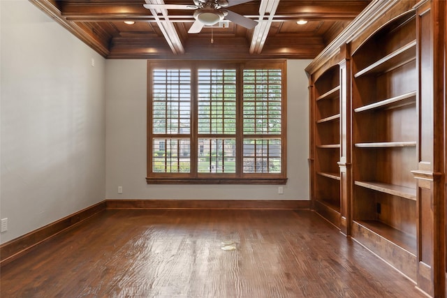 10918 Alta Vista Dr, Frisco, TX 75033 - empty room featuring baseboards, ornamental molding, ceiling fan, and dark wood-type flooring