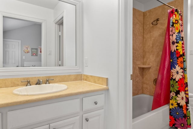 bathroom featuring shower / bath combination with curtain and vanity