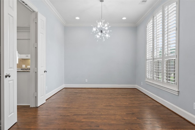10918 Alta Vista Dr, Frisco, TX 75033 - unfurnished dining area featuring recessed lighting, a chandelier, ornamental molding, and dark wood-type flooring