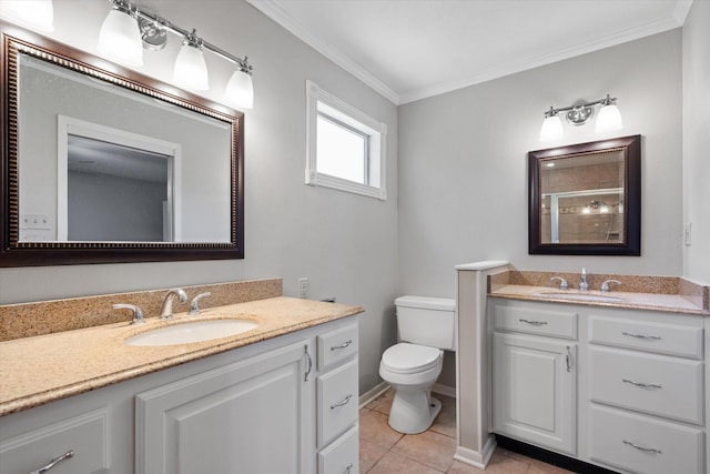 bathroom featuring toilet, a shower with shower door, tile patterned floors, ornamental molding, and vanity