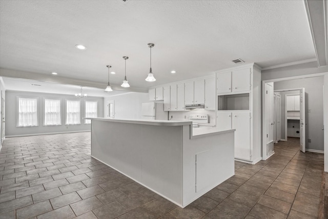 kitchen featuring white appliances, white cabinets, decorative light fixtures, ornamental molding, and a kitchen island with sink